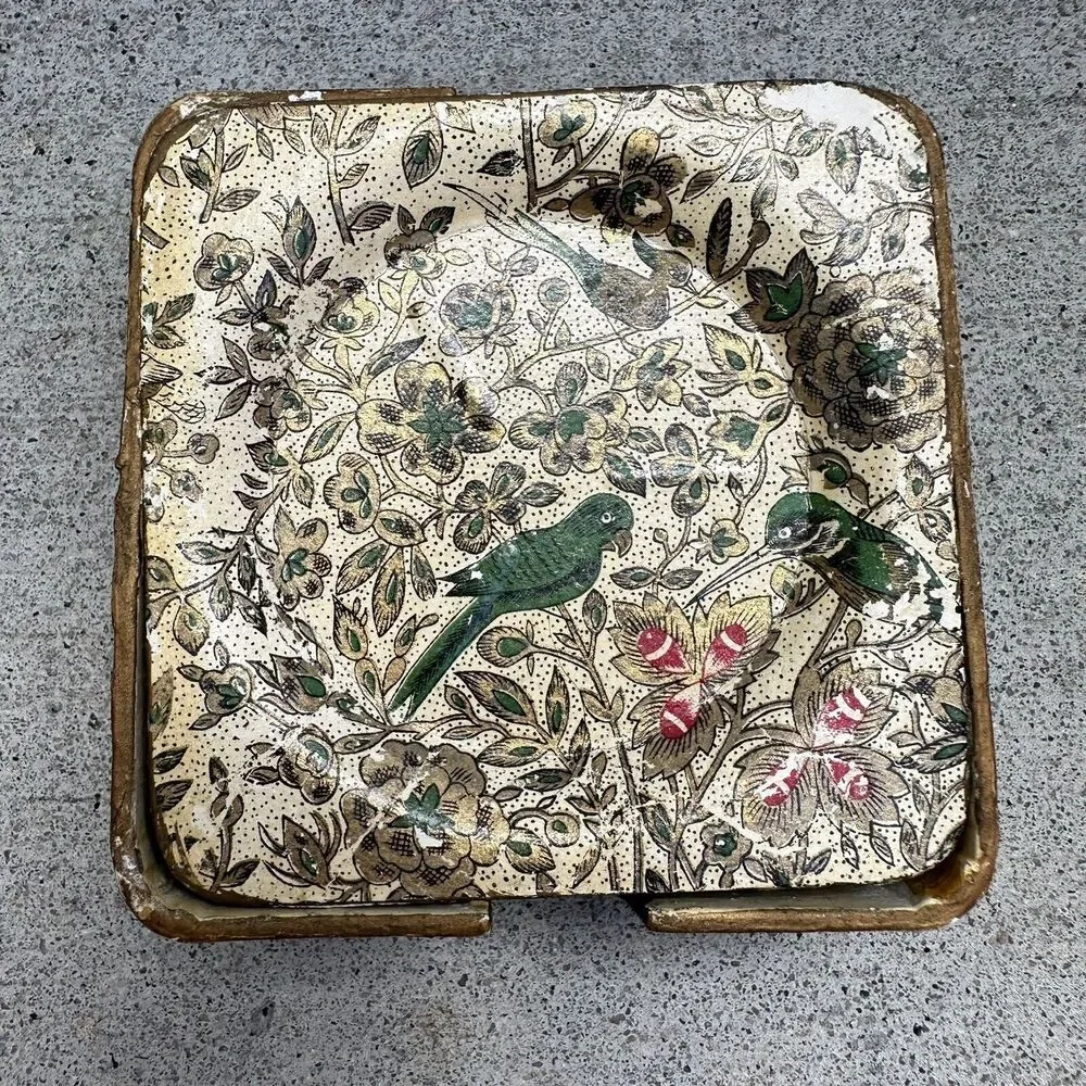 Vtg MCM Alcohol Proof Japan Coaster Set of 8 Floral Birds Paper Mache Barware‎